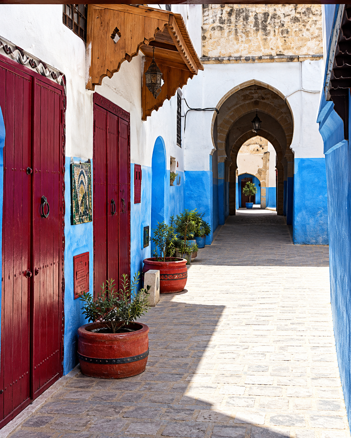 Circular blue-and-white lane atmosphere for Sefrou’s historic quarters