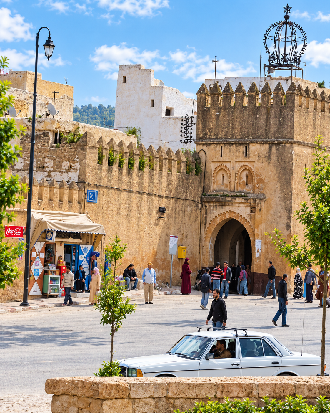 Historic medina gate and market atmosphere for the Fez and Sefrou regional connection