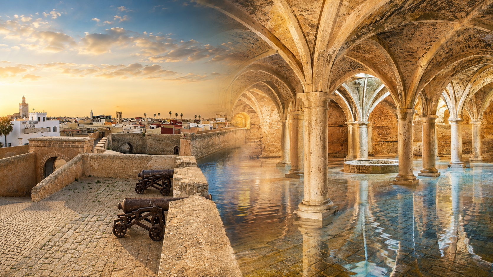 Editorial collage of El Jadida’s ramparts and Portuguese cistern