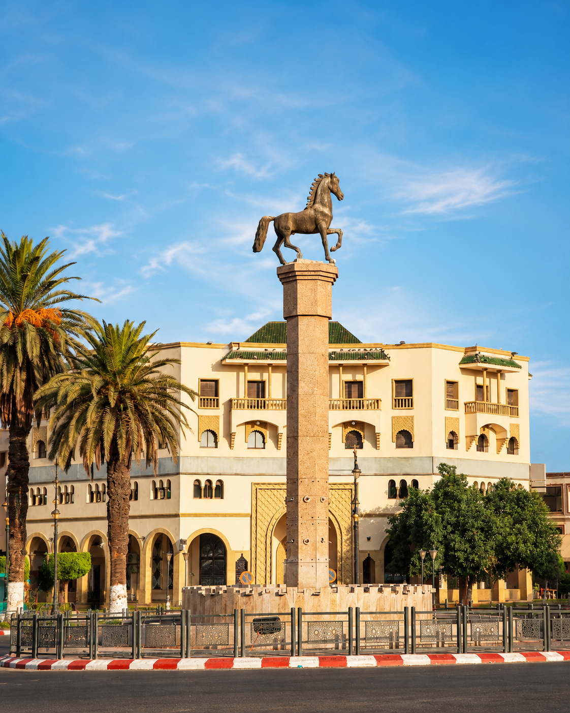 Horse monument and surrounding buildings in Settat