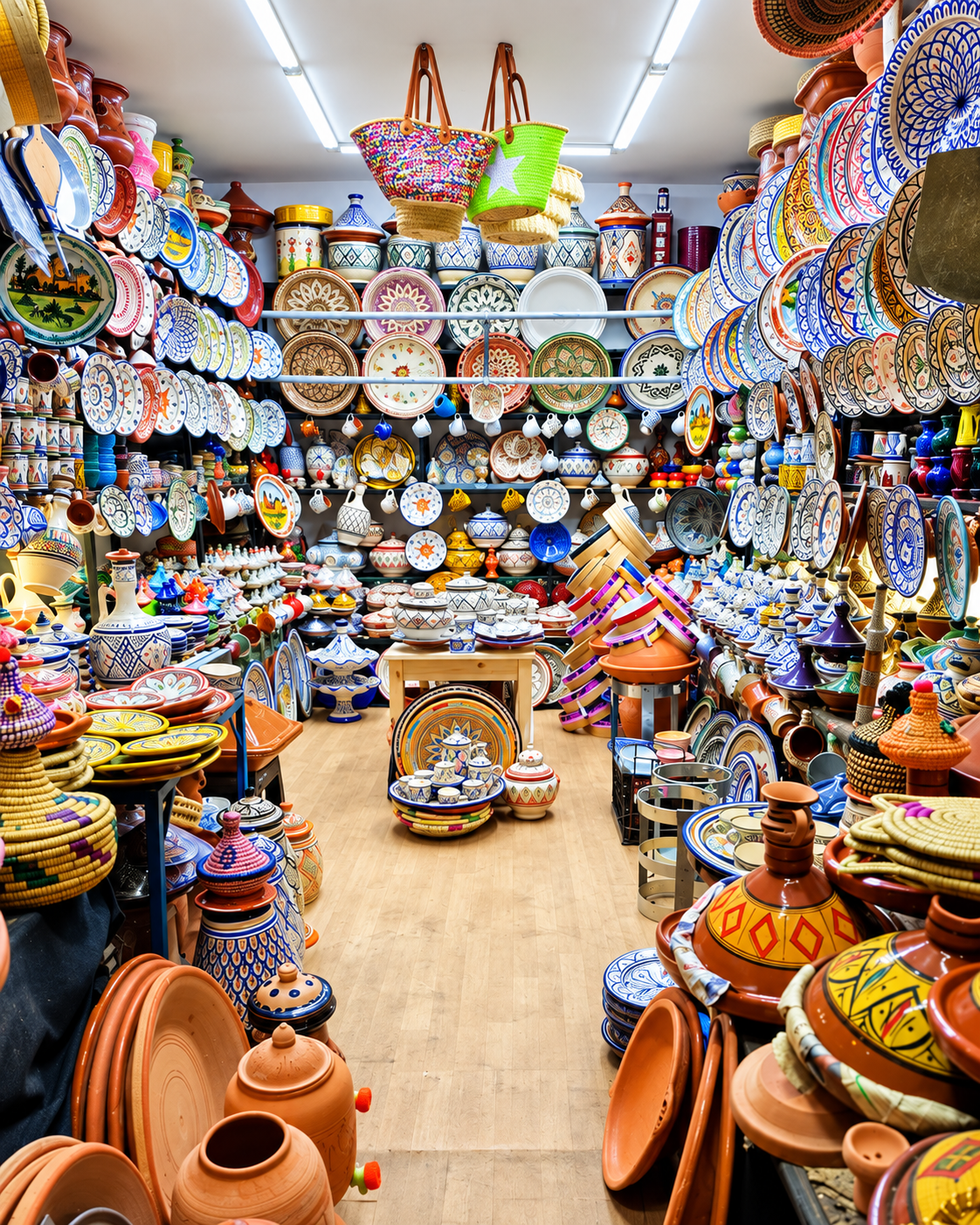 Ceramics, plates and tagines displayed in a market shop