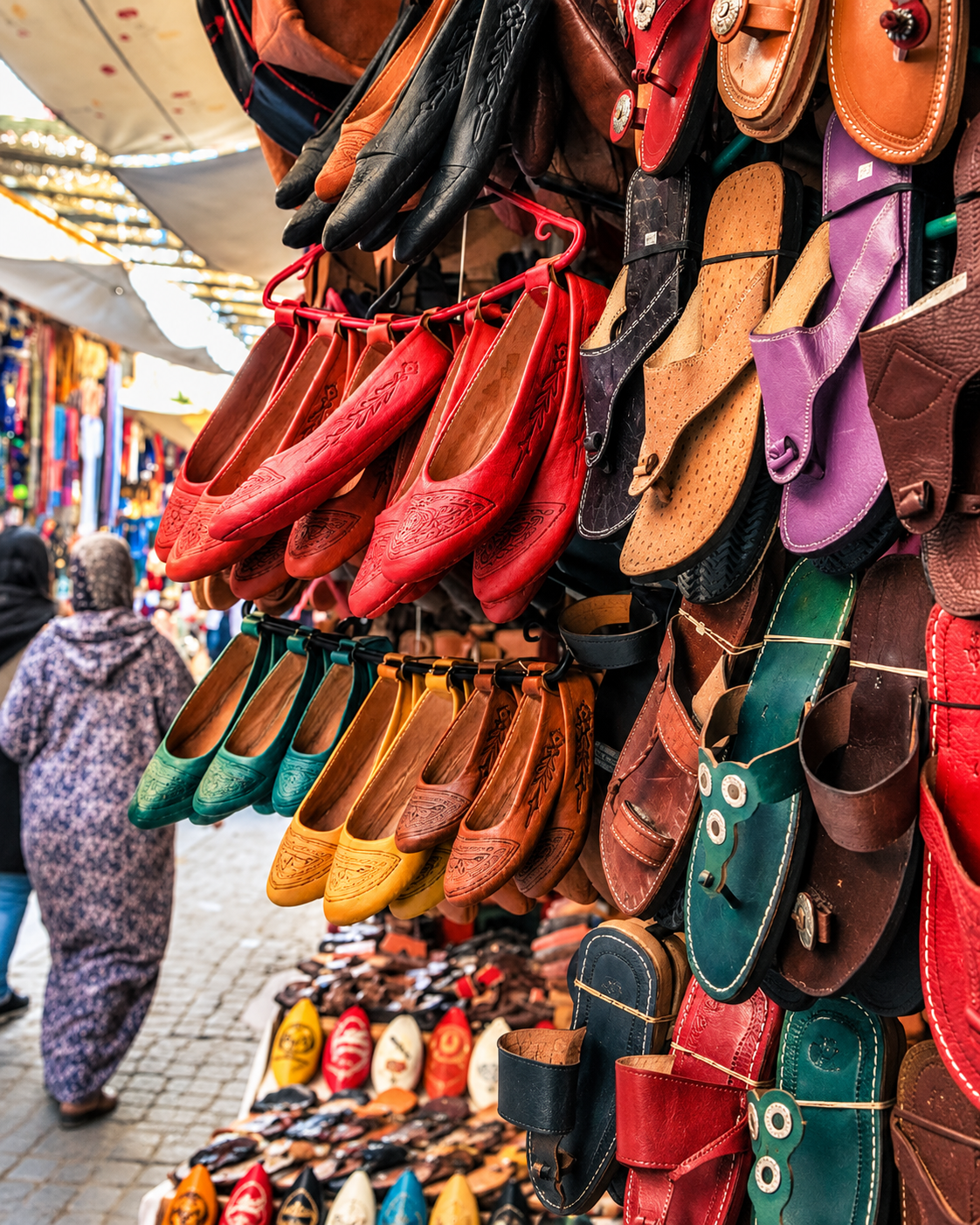 Leather slippers hanging at a market stall