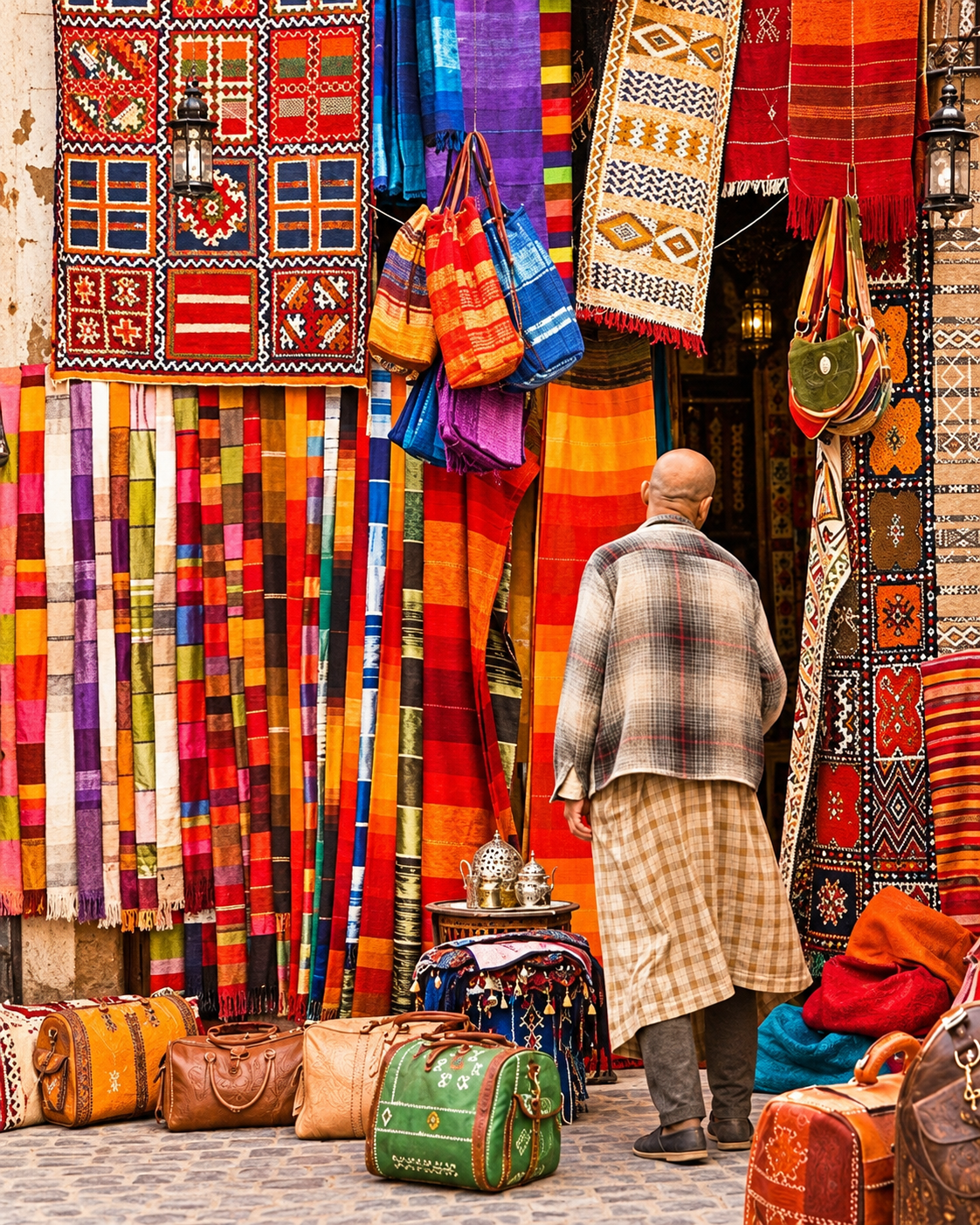 Colourful textiles and bags at a market stall