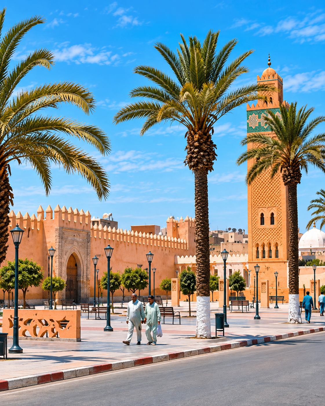 Sidi Laghlimi mosque, palms and kasbah walls in Settat