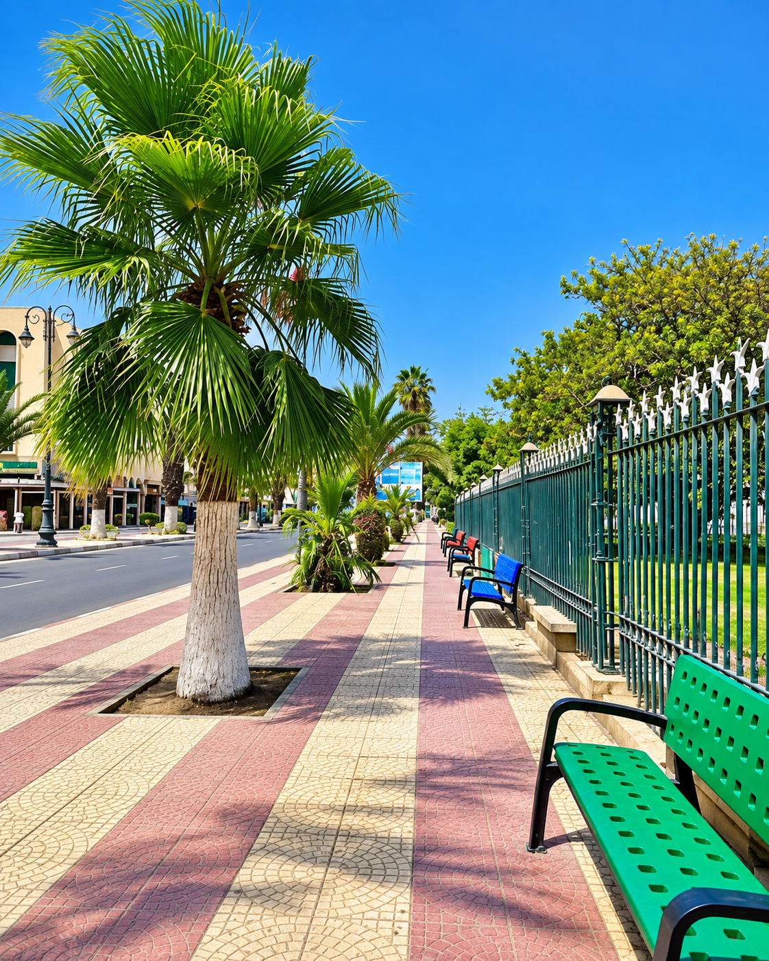 Green benches and palms along a Settat pavement