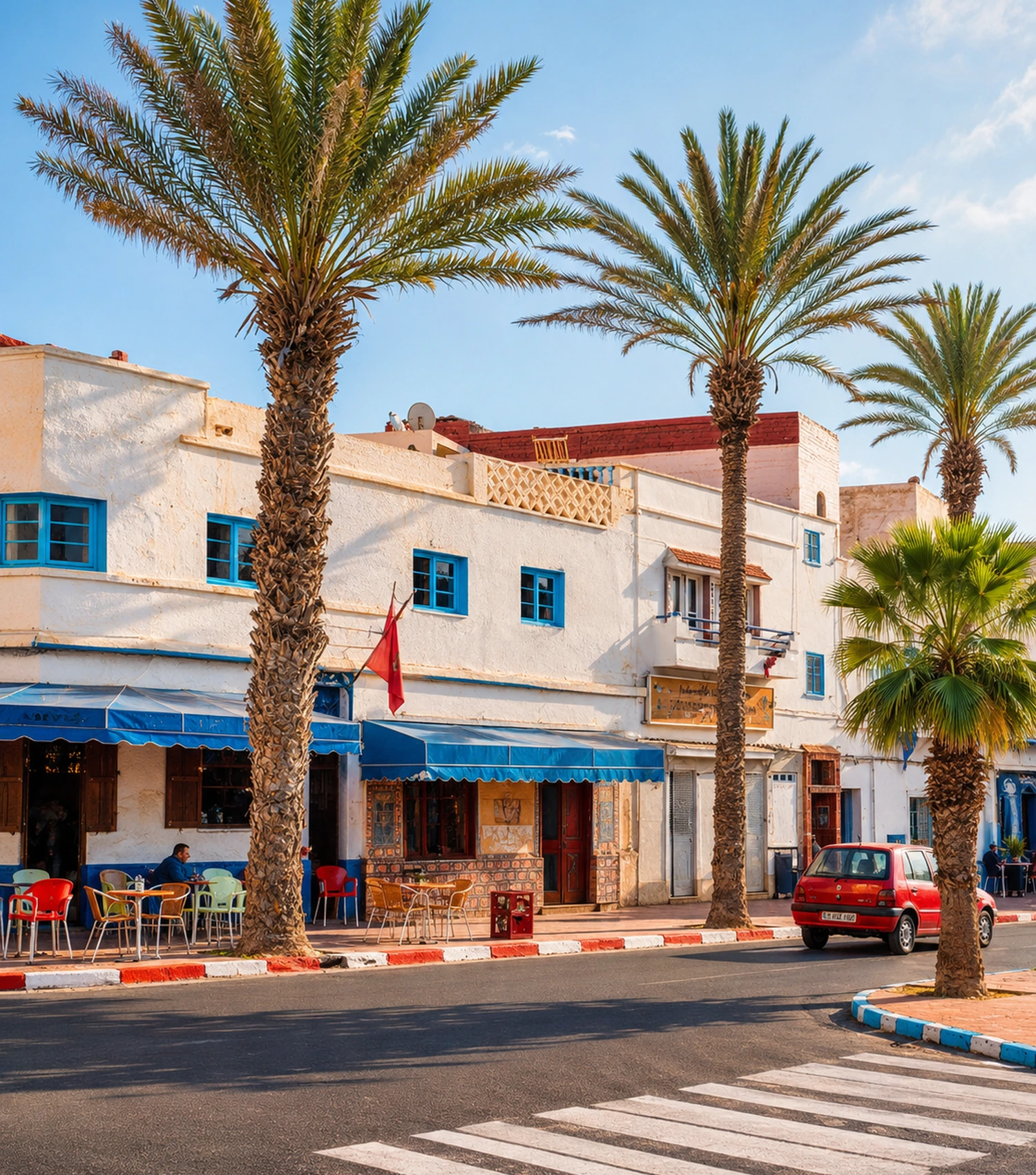 Palm-lined street life and blue-white storefronts in Sidi Ifni