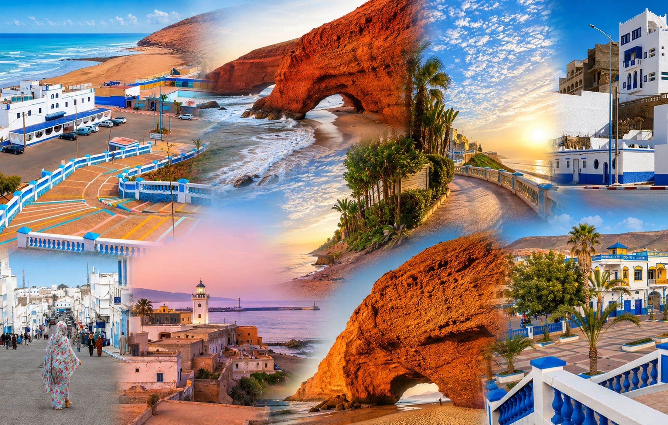 Composite hero view of Sidi Ifni with Atlantic coast, Legzira arches, blue-white promenades and town scenes