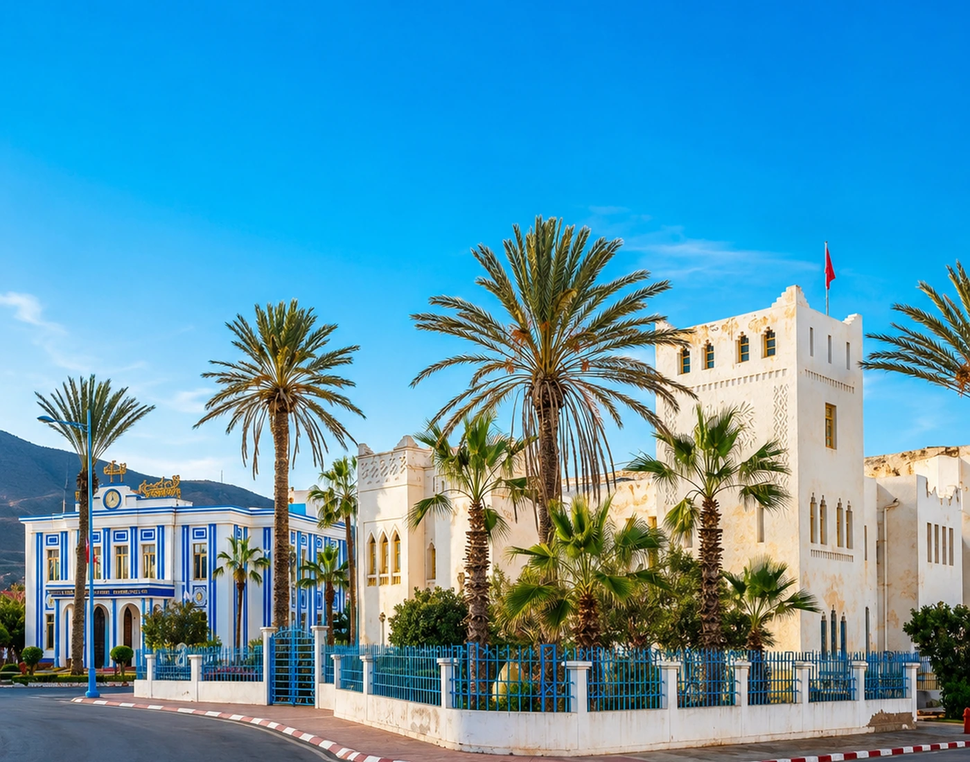 Spanish-era civic architecture and palm-lined streets in Sidi Ifni