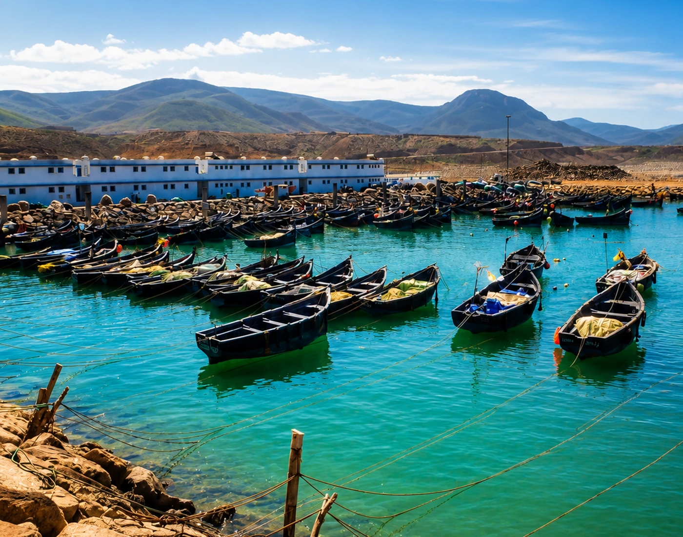 Traditional fishing boats in the harbour at Sidi Ifni
