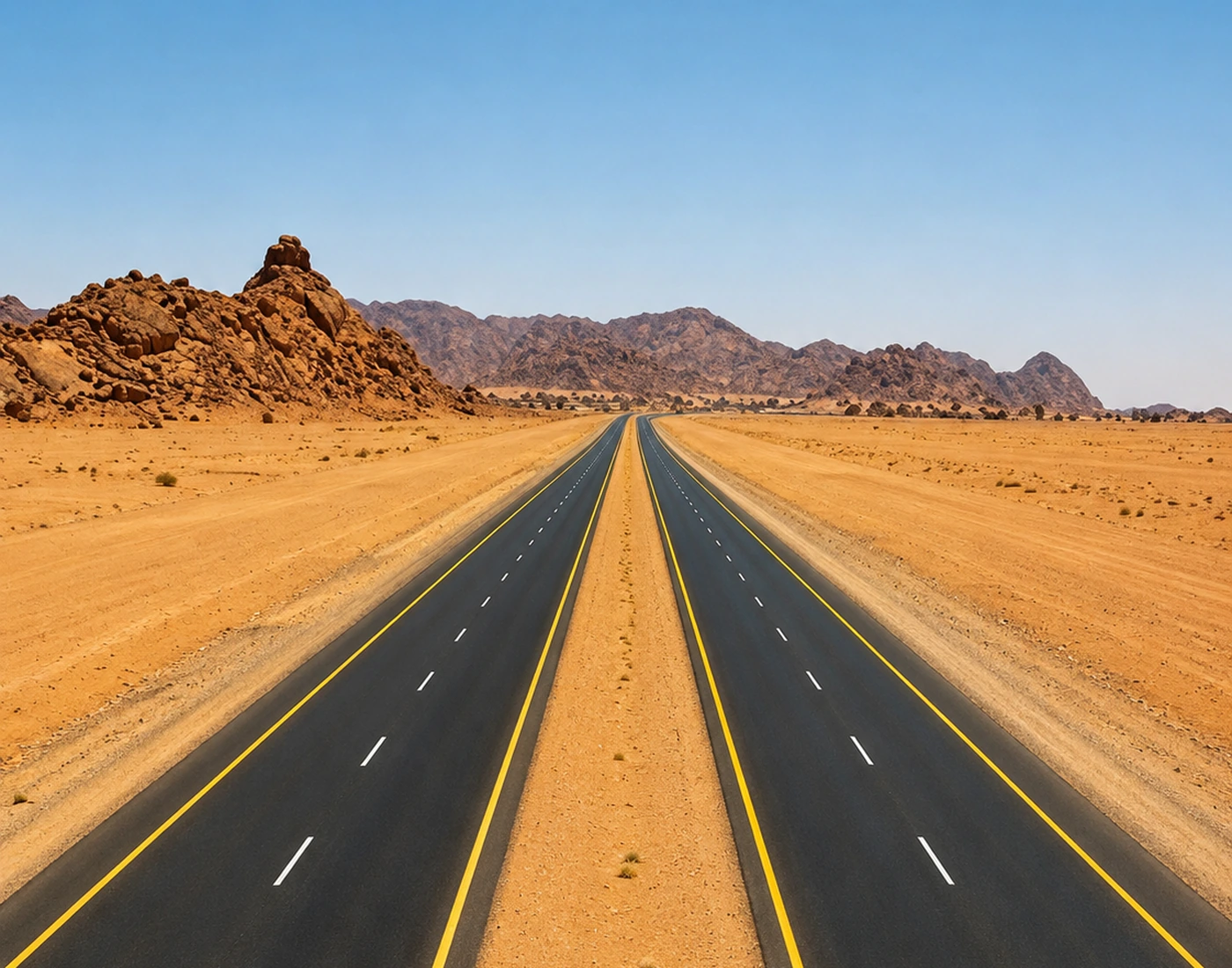 Open road through southern Moroccan landscapes on the route from Sidi Ifni