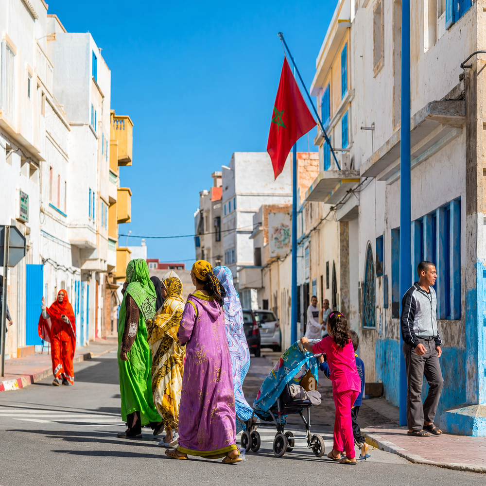 Street life in Sidi Ifni with blue-white façades and a Moroccan flag