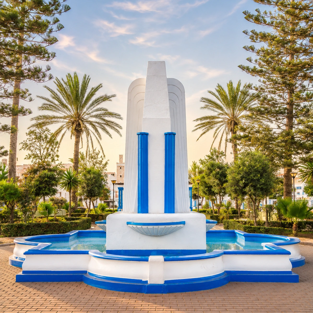 Blue-and-white fountain detail in a palm-lined square in Sidi Ifni