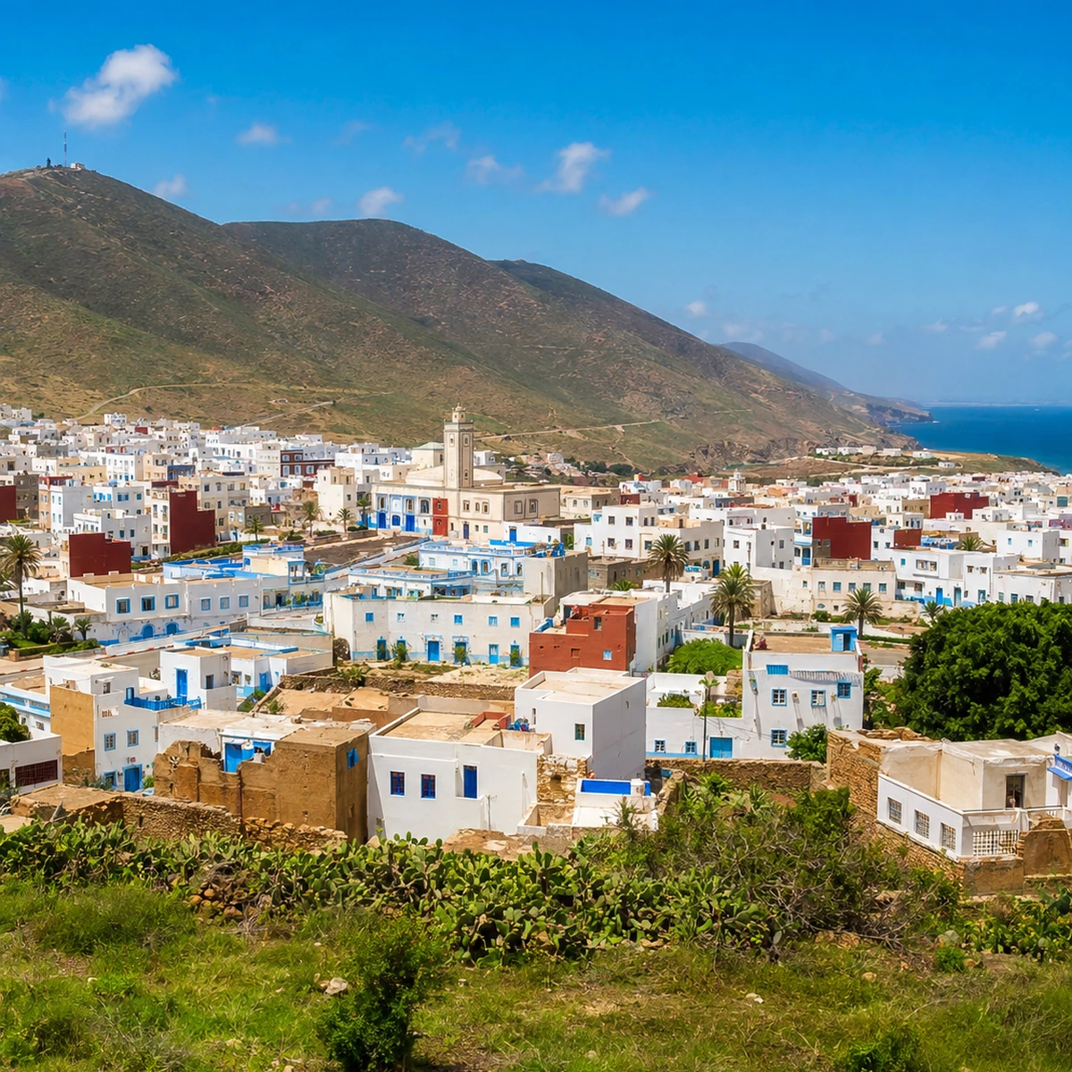 Panoramic view across Sidi Ifni toward the Atlantic and surrounding hills