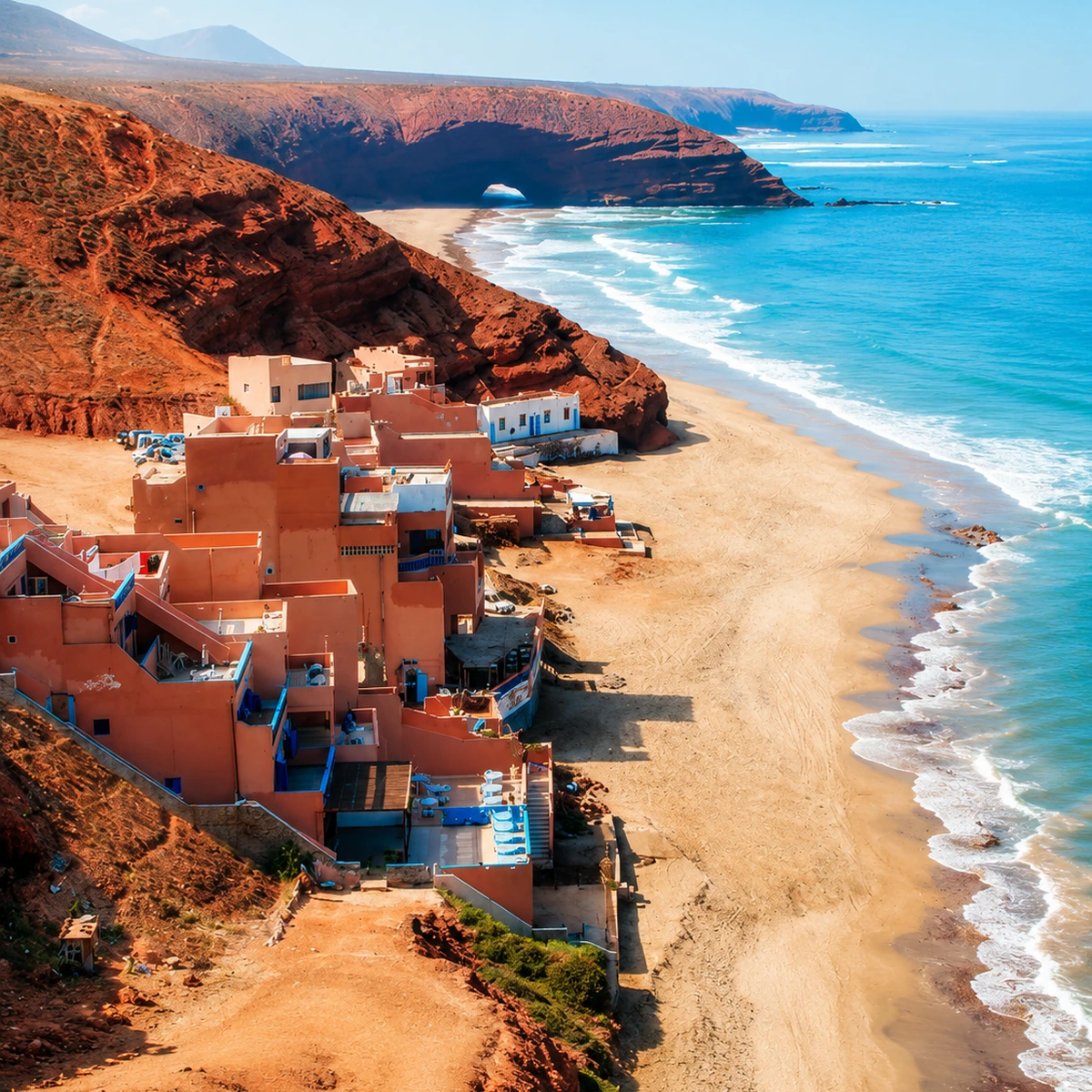 Red cliffs and beachfront buildings south of Sidi Ifni near Legzira