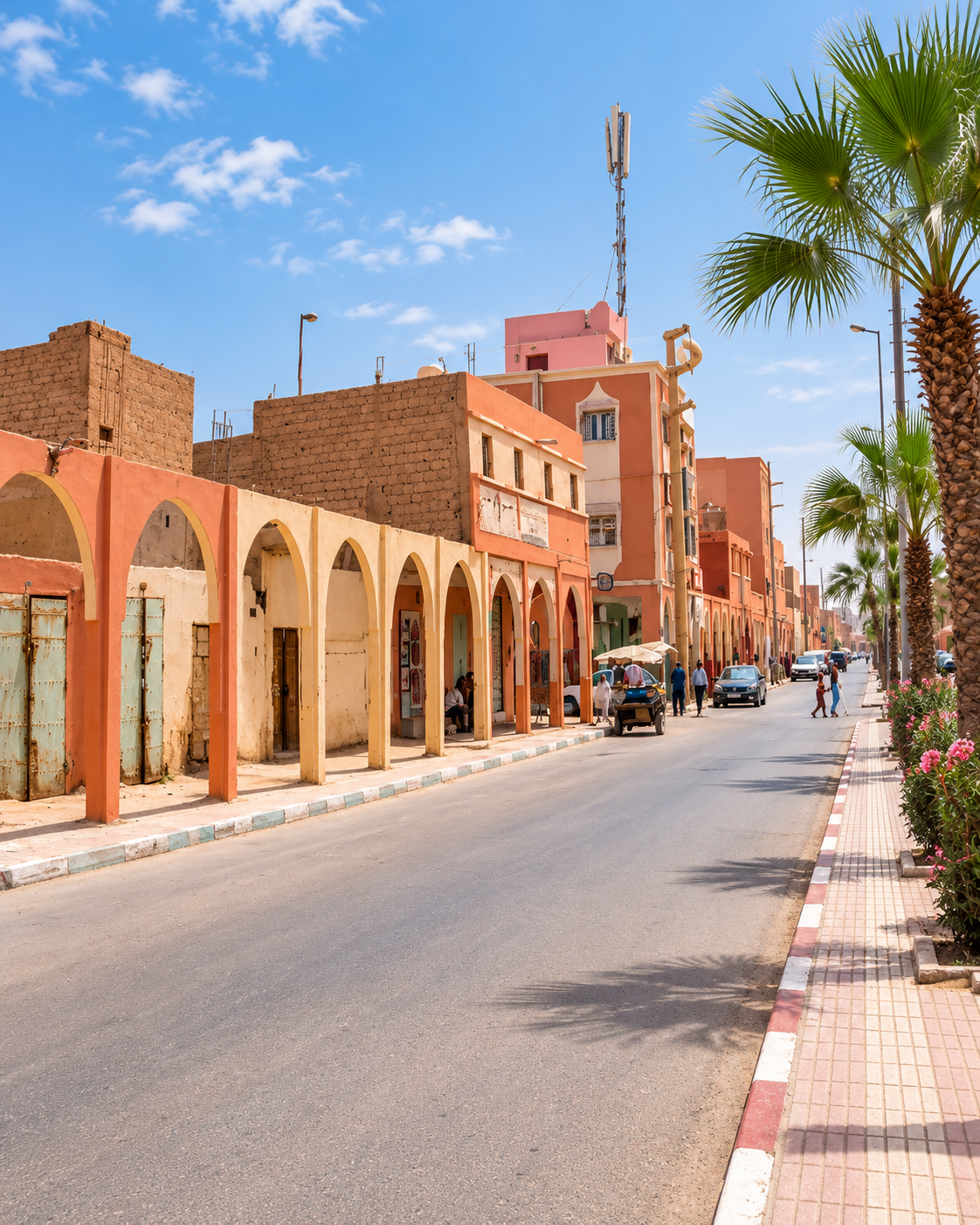 Arcaded shopfronts along a palm-lined street