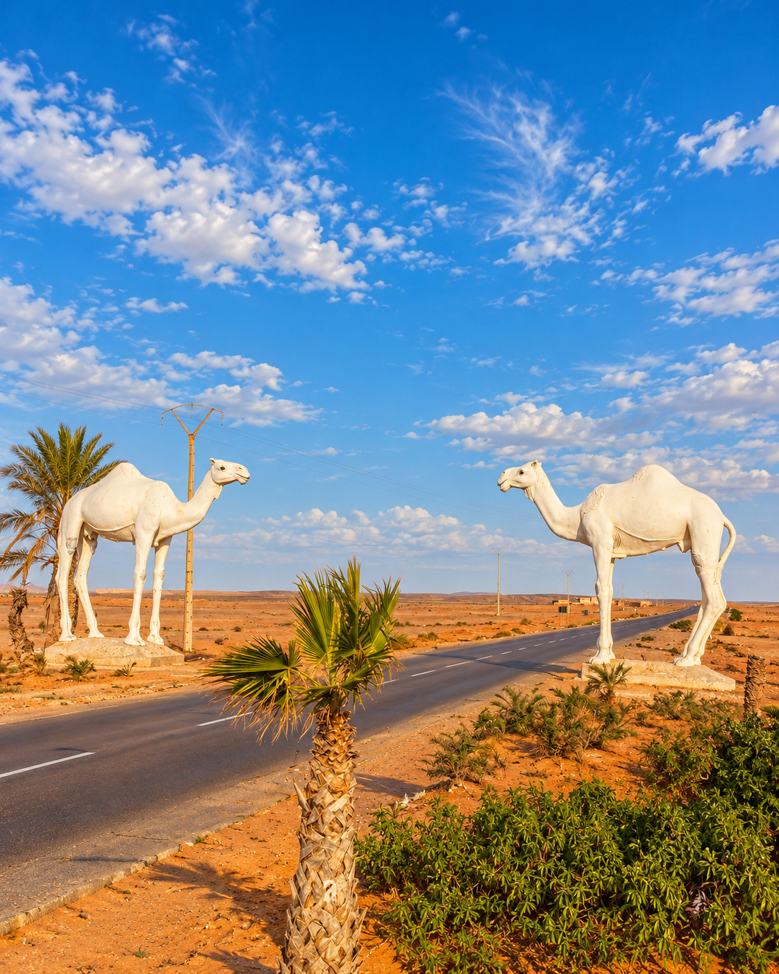 Two white camel sculptures beside the road approach to Smara