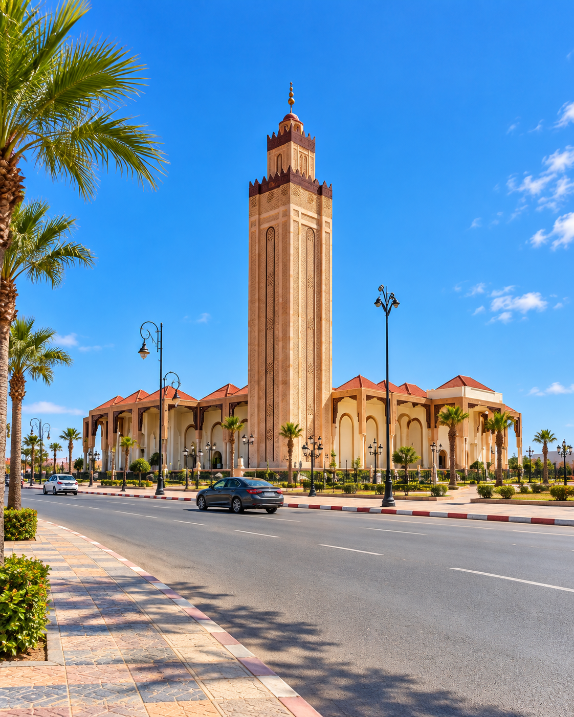 Smara mosque framed by palm trees beside a broad city street