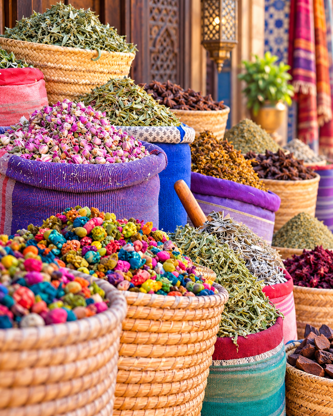 Woven baskets displaying herbs and dried flowers in a market