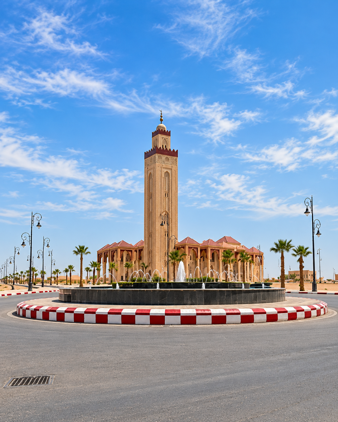 Modern mosque and tall minaret beside a roundabout in Smara