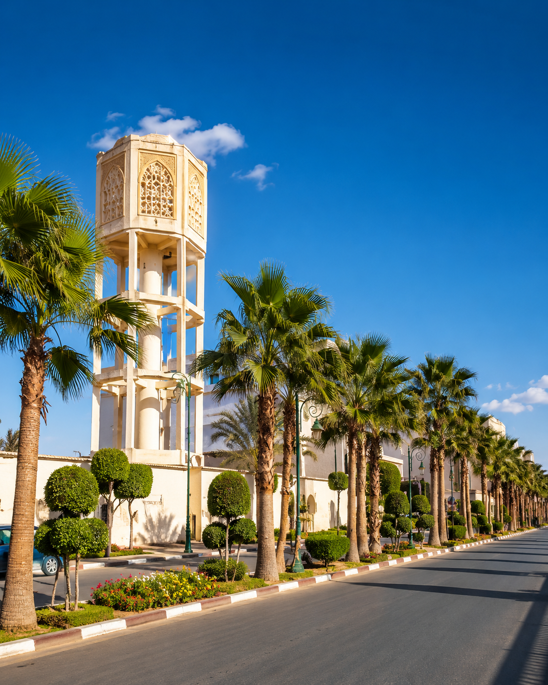 Decorative tower and palm trees along a Smara avenue