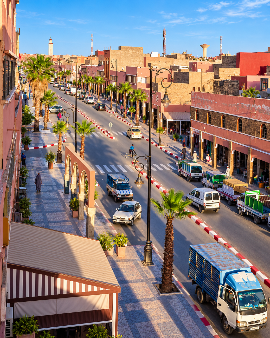 Shops and moving traffic on a palm-lined boulevard