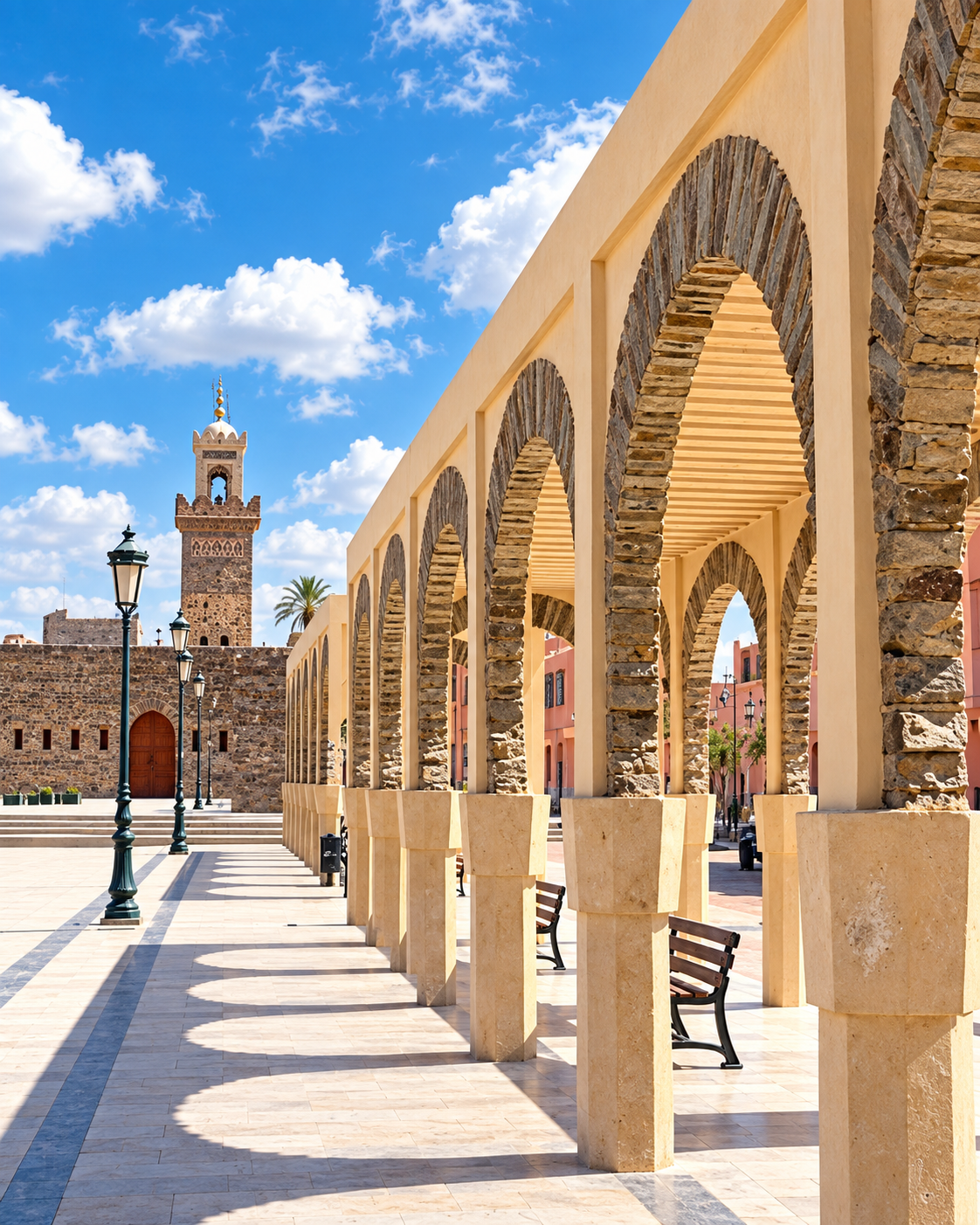 Stone arches, pale columns and a minaret seen across a courtyard