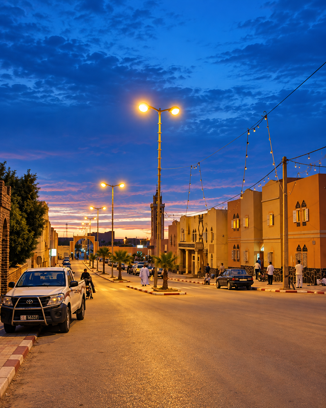 Warm street lamps and parked cars beneath an evening sky