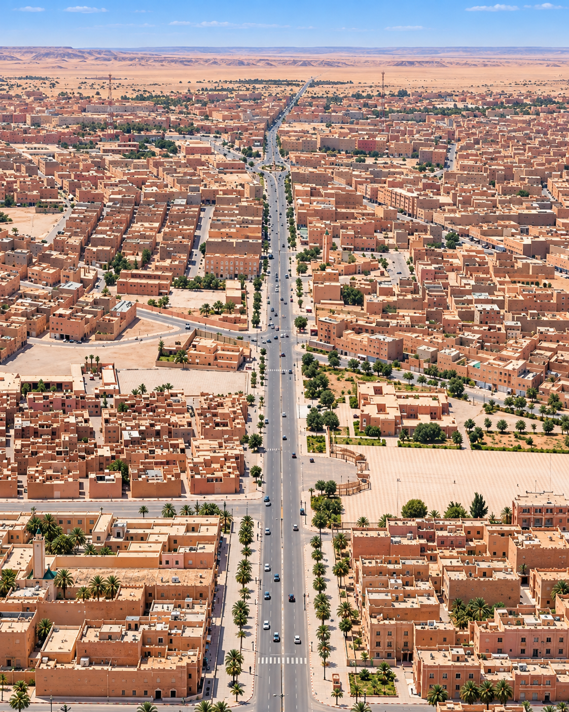 Elevated view of the long urban axis and surrounding desert
