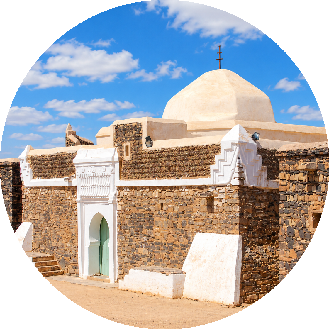 White dome and stone walls of the Zaouia of Sheikh Ma El Ainin