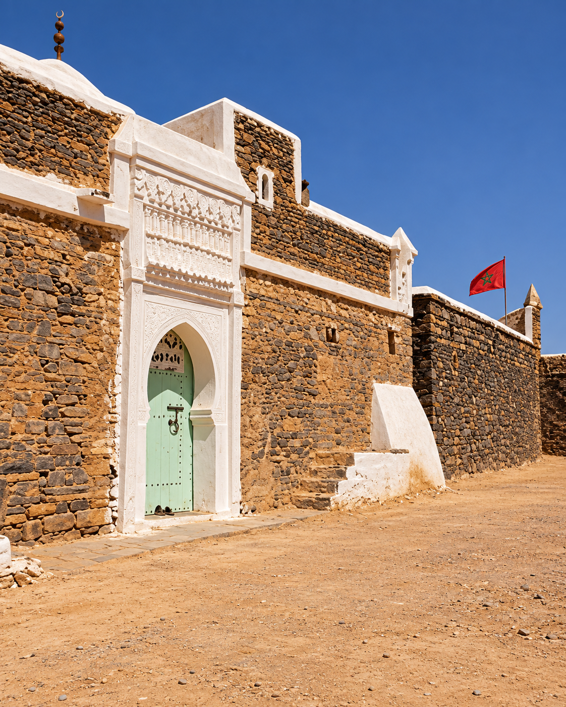 Stone wall and pale green doorway at the zawiya