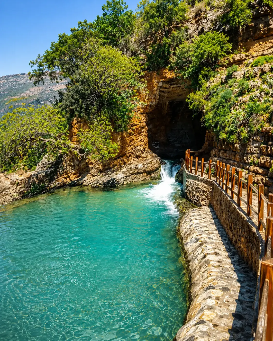 Clear turquoise water, cave entrance and stone path in the Tafoughalt-Zegzel landscape