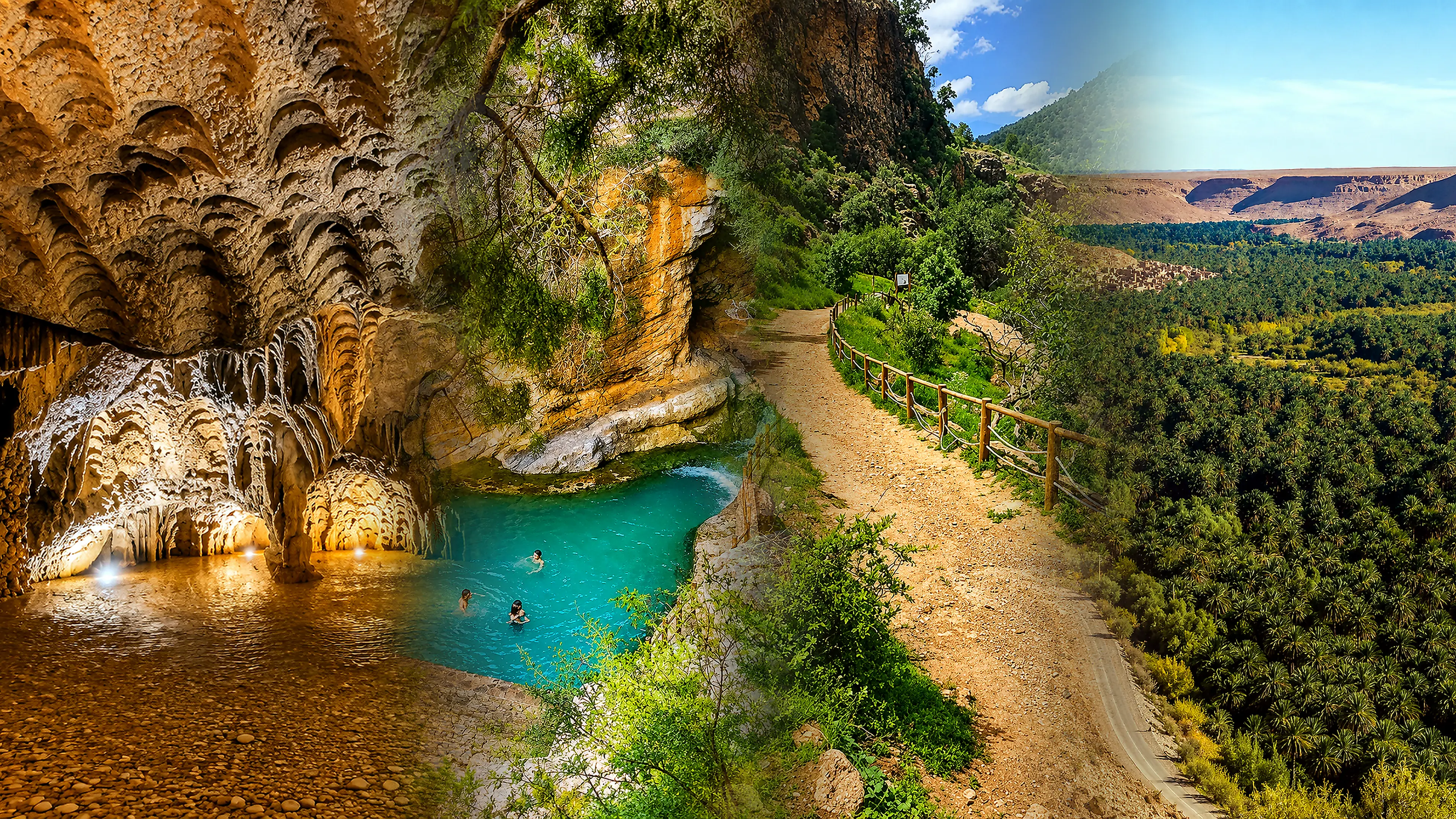 Cave chambers, limestone path and green Zegzel valley scenery near Tafoughalt in eastern Morocco