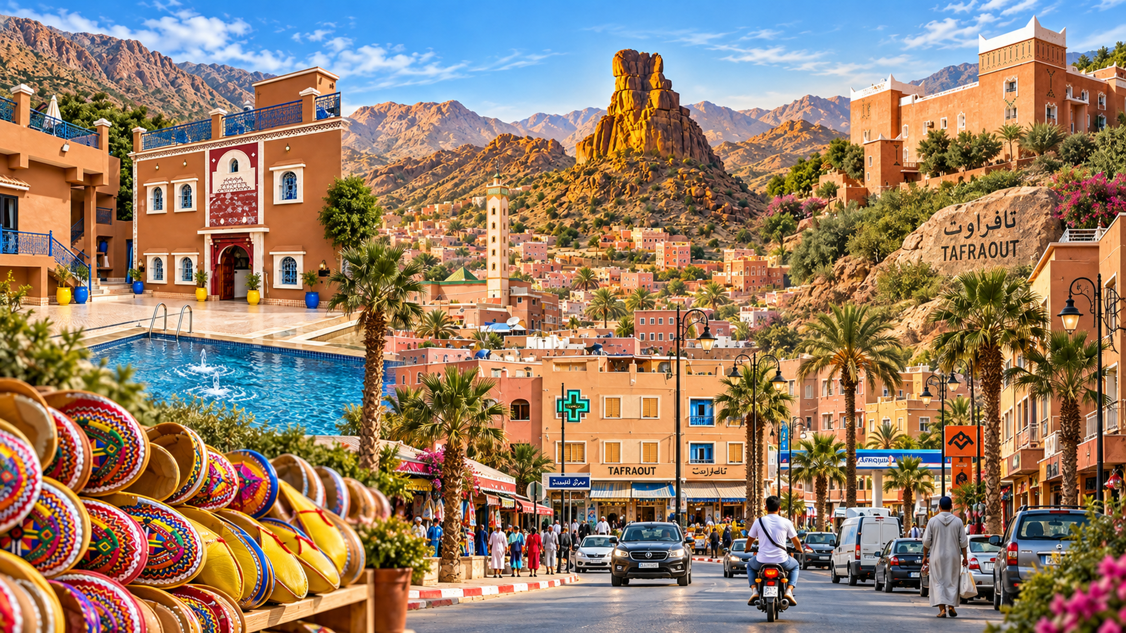 Editorial collage of Tafraout streets, granite scenery, architecture and embroidered slippers