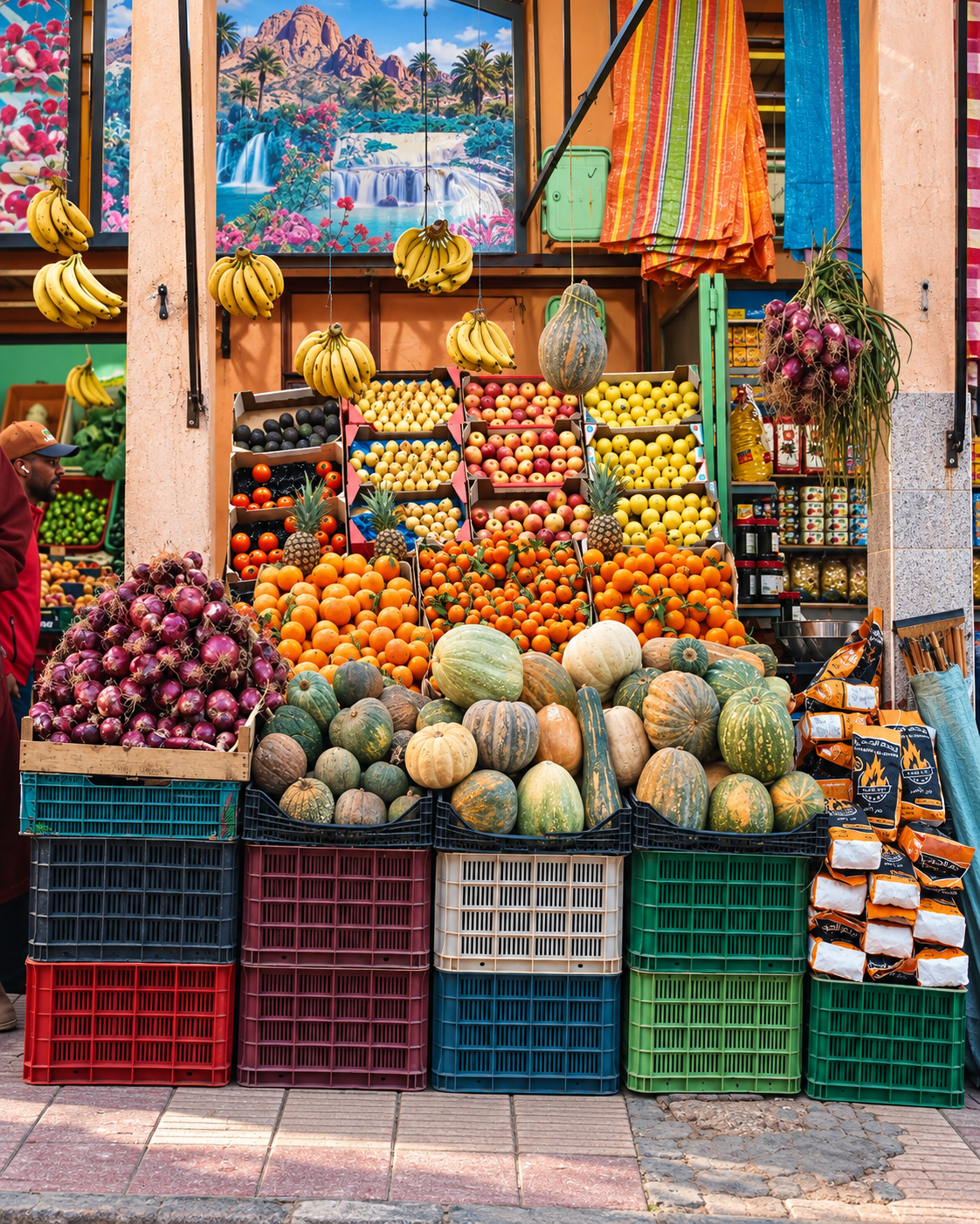 Fresh fruit arranged outside a market shop