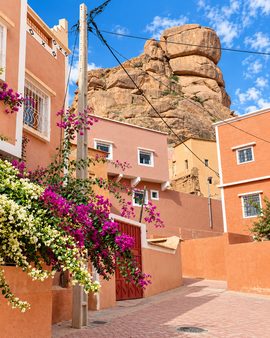 A quiet lane with rose-coloured walls and granite boulders above the houses