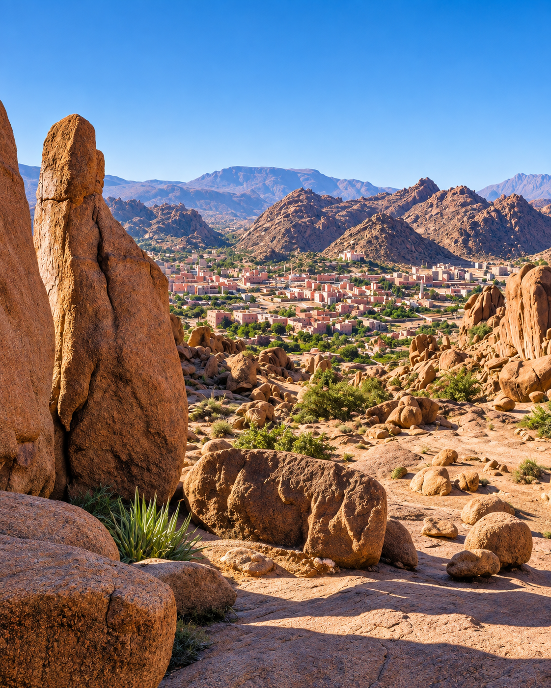 Tafraout town and surrounding mountains seen between granite outcrops