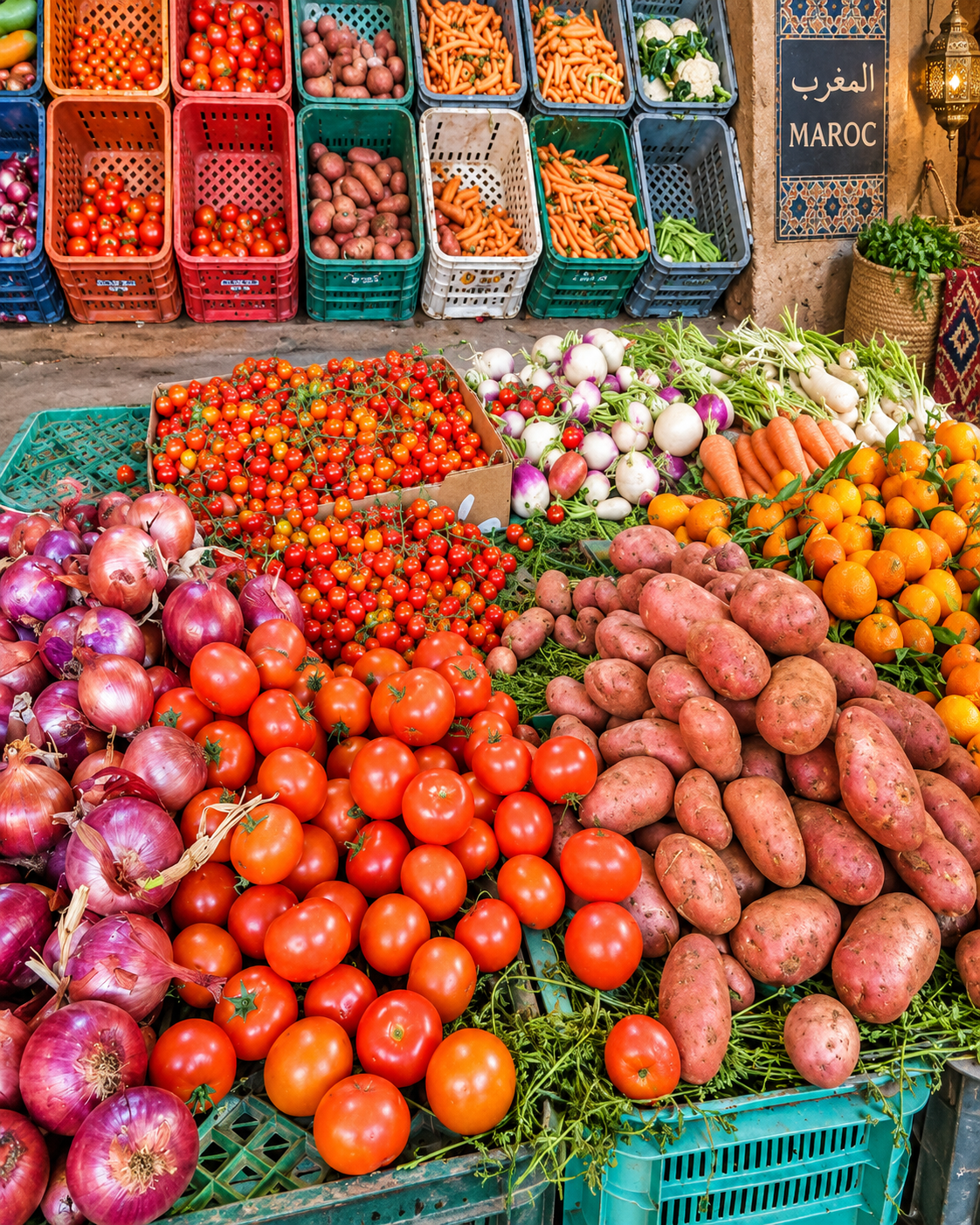 Tomatoes, potatoes, onions and other fresh produce at a market stall