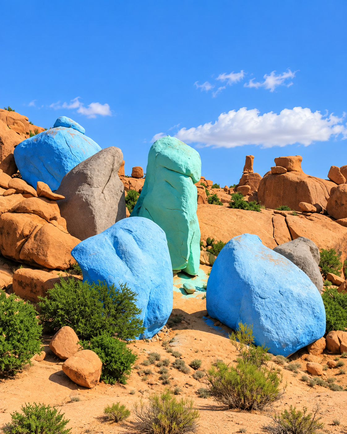 Blue, turquoise and pink painted boulders near Tafraout