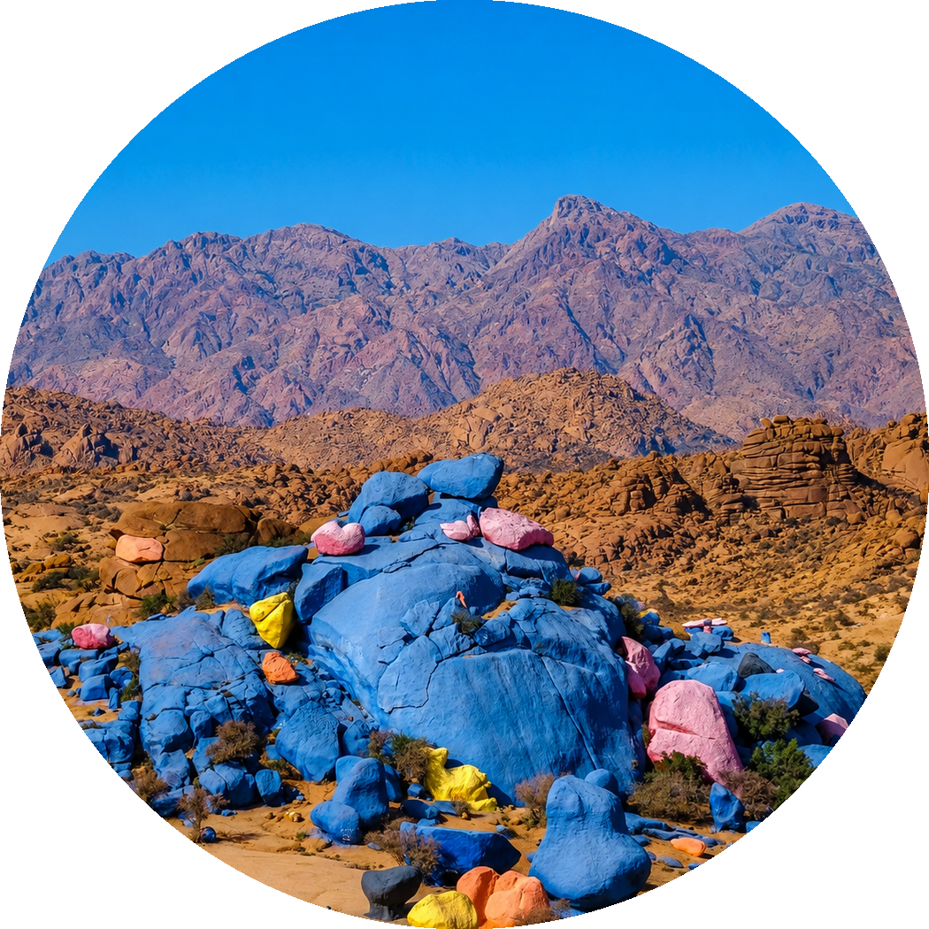 Painted Rocks near Tafraout, with blue boulders against the mountain backdrop