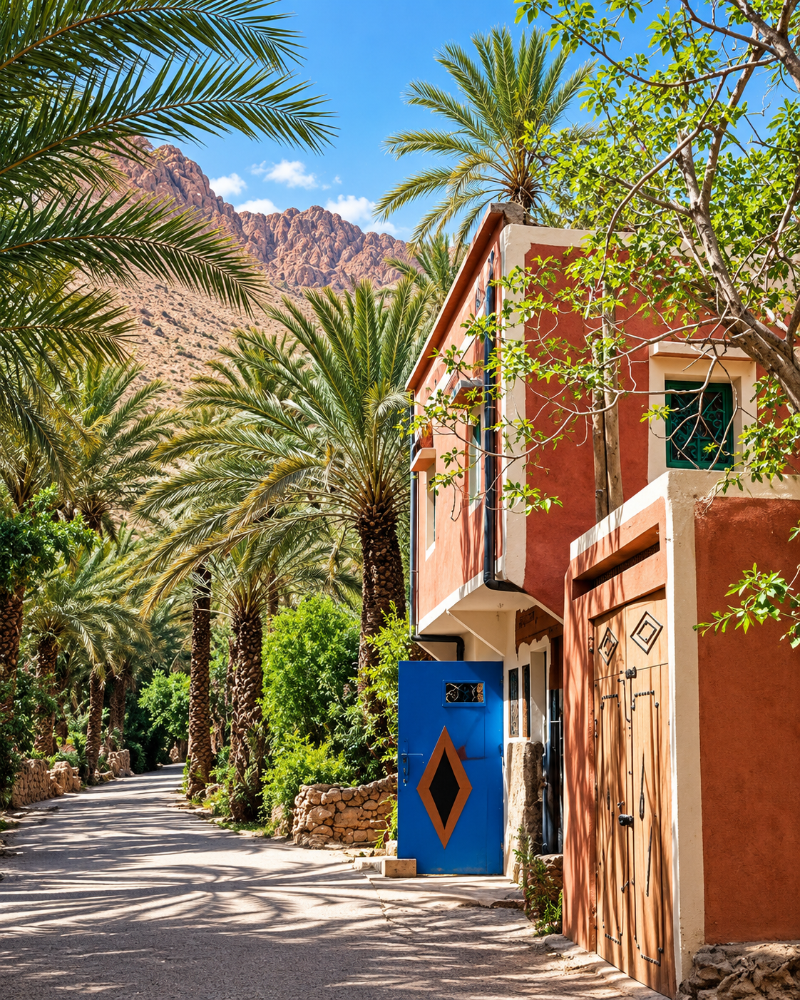 Palms beside a village house and a shaded lane in the Tafraout area
