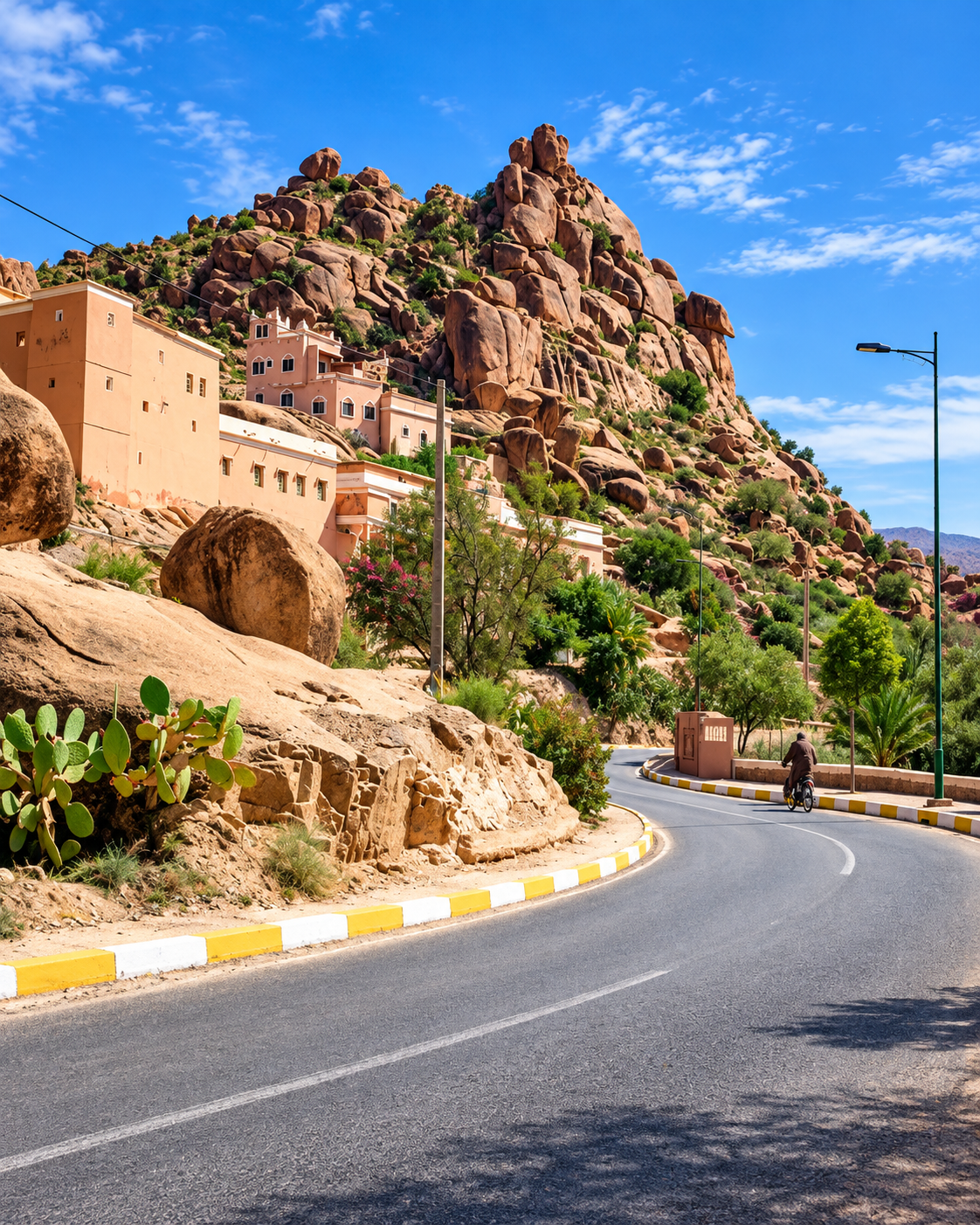 A mountain road curving past houses and granite outcrops near Tafraout