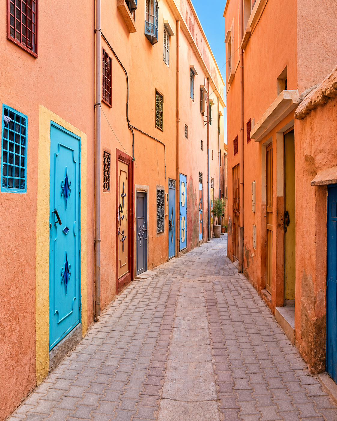 Blue doors and rose-coloured walls along a paved lane