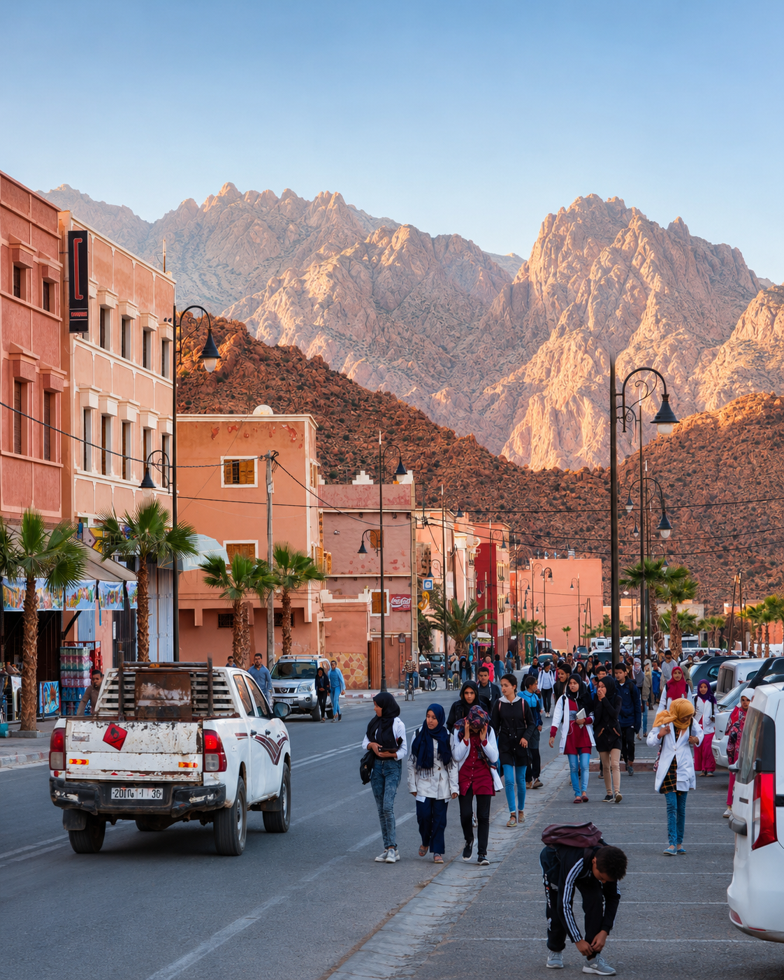 Pedestrians and rose-coloured buildings beneath the mountains in Tafraout