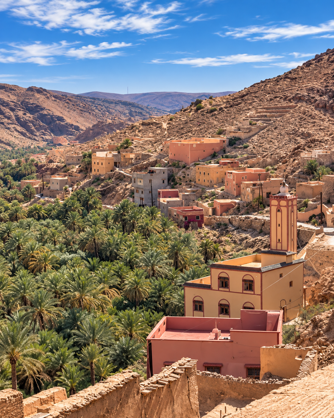 Village houses and palms below dry mountain slopes near Tafraout