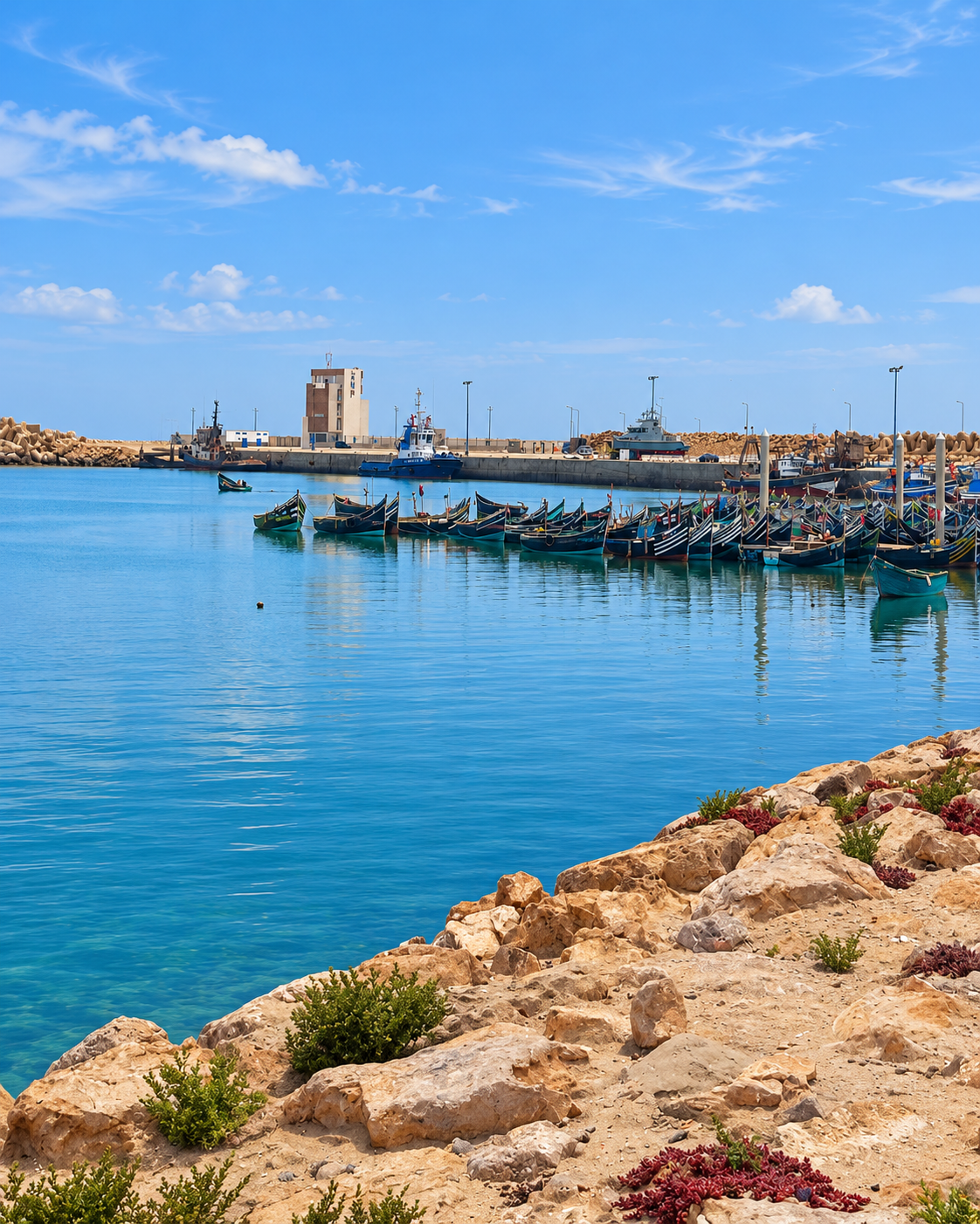 Fishing boats and harbour water at El Ouatia