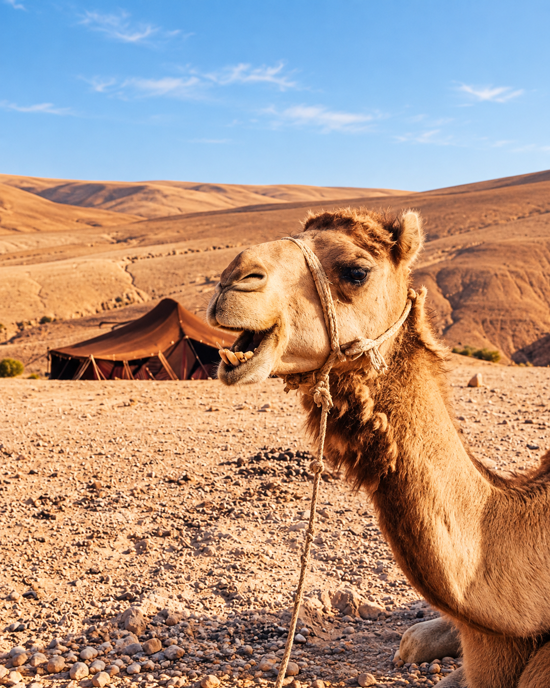 Camel beside a tent in a dry landscape