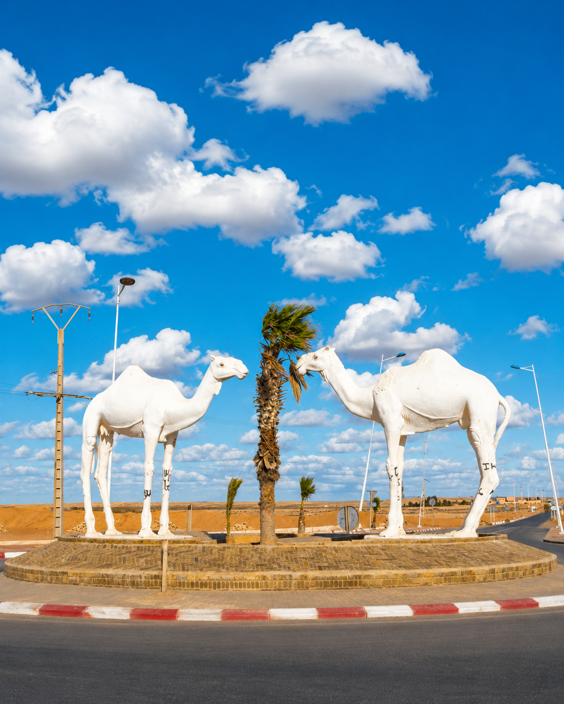 Two white camel sculptures beside a palm tree in Tan-Tan