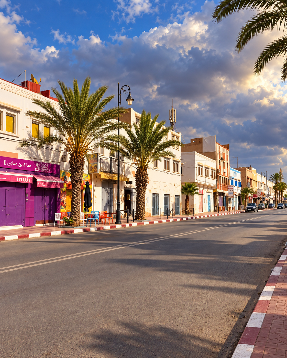 Palm-lined boulevard with cafés and shops in evening light