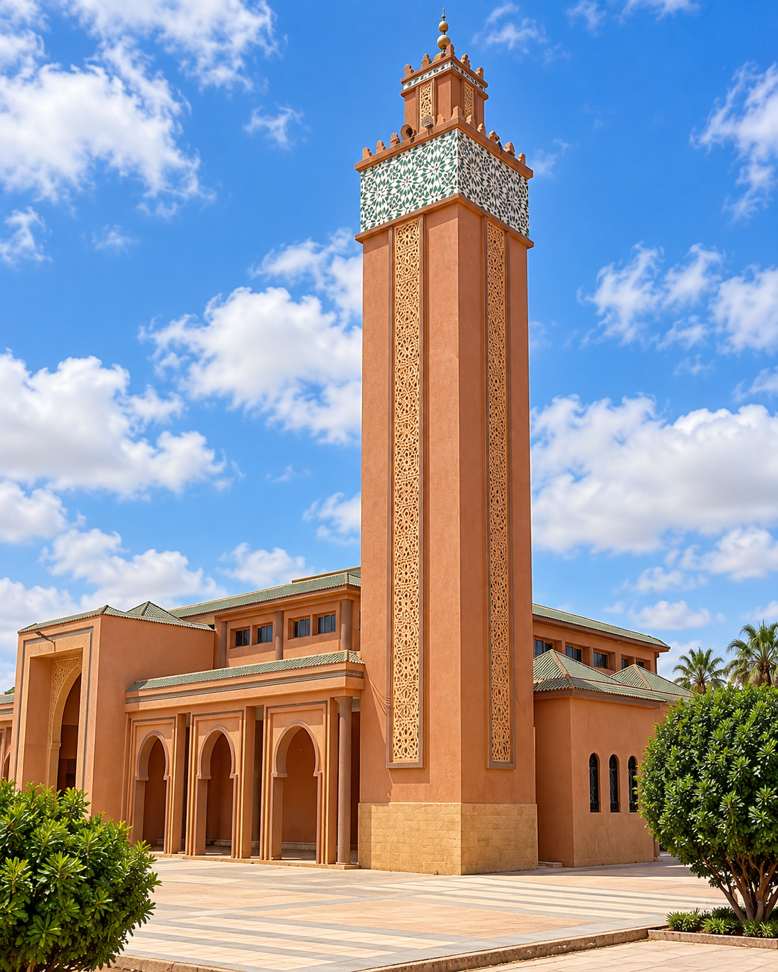 Warm-coloured mosque façade with an arched entrance and tiled minaret