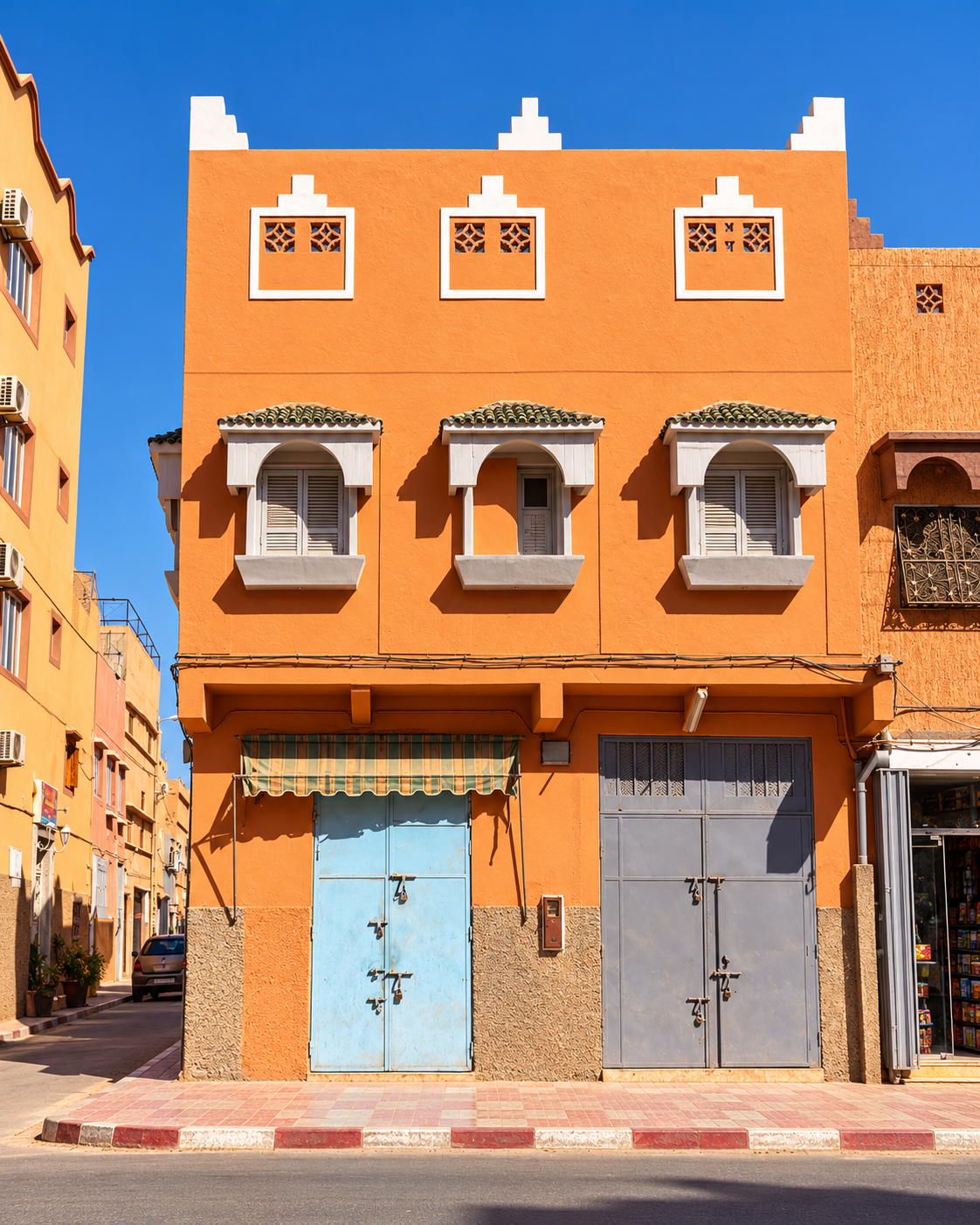 Ochre façade with patterned window details and blue doors